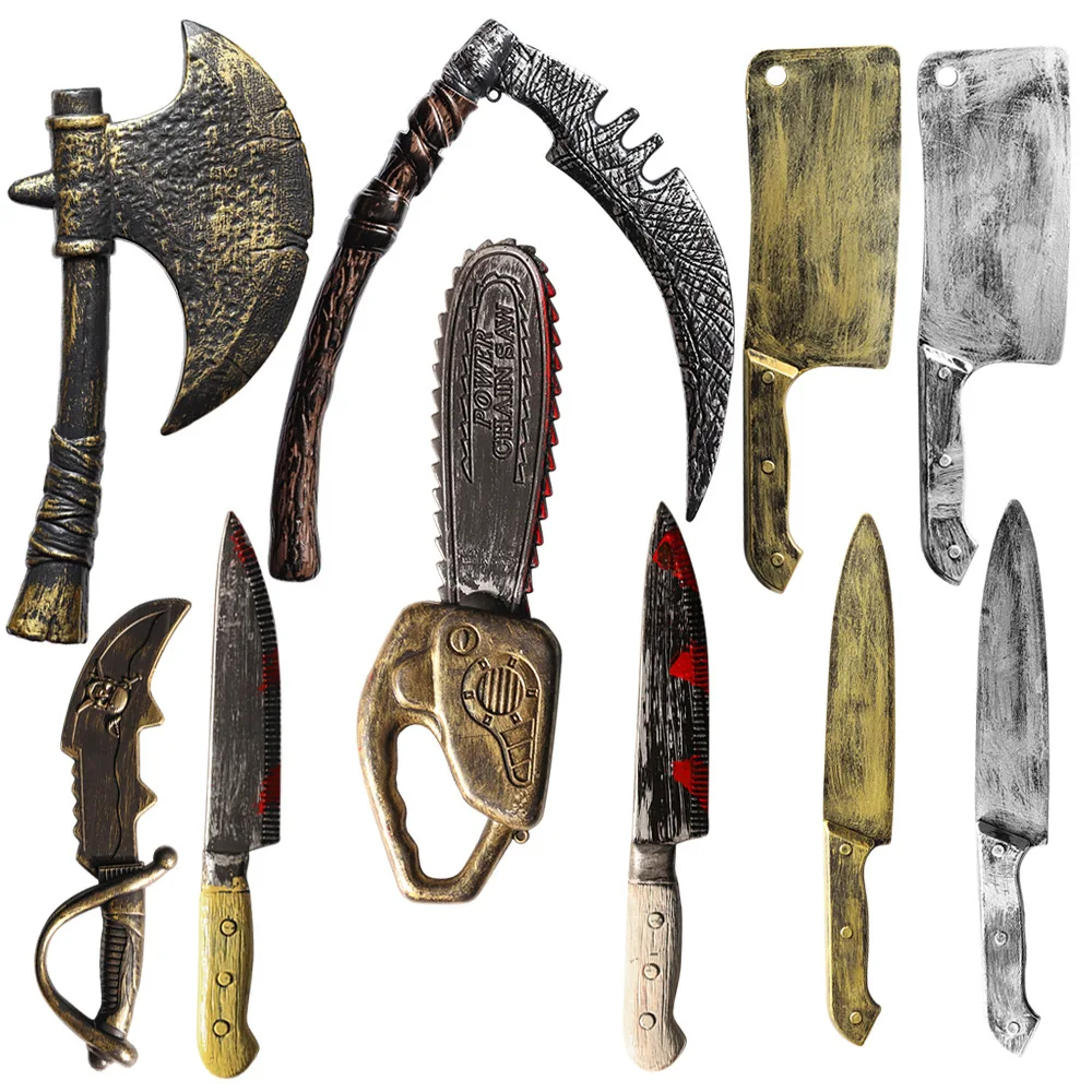 Halloween Bloody Sharp Knife Plastic Toy Simulation with Blood Kitchen Knife Trick Prop Chainsaw Axe