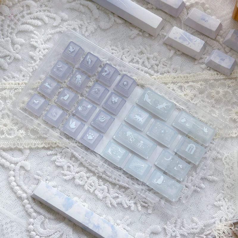 Meow Utopia PC Fog Transparent Keycaps OEM Profile Blue Purple Clear Supplement Keycap Set 26 Keys MX Switch Mechanical Keyboard