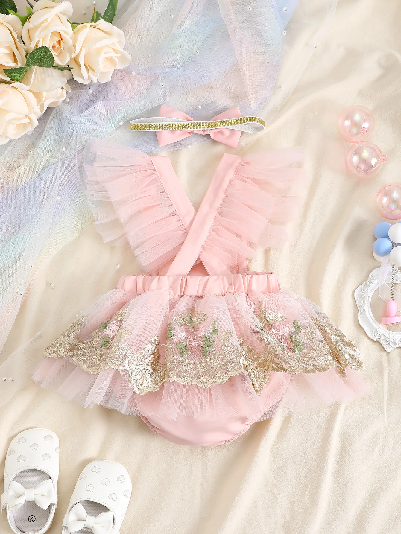3-24M Summer Style Baby Girl Fashion Halter Embroidery Shoulder Mesh Design Sense Flying Sleeve Jumpsuit With Cute Bow Headband