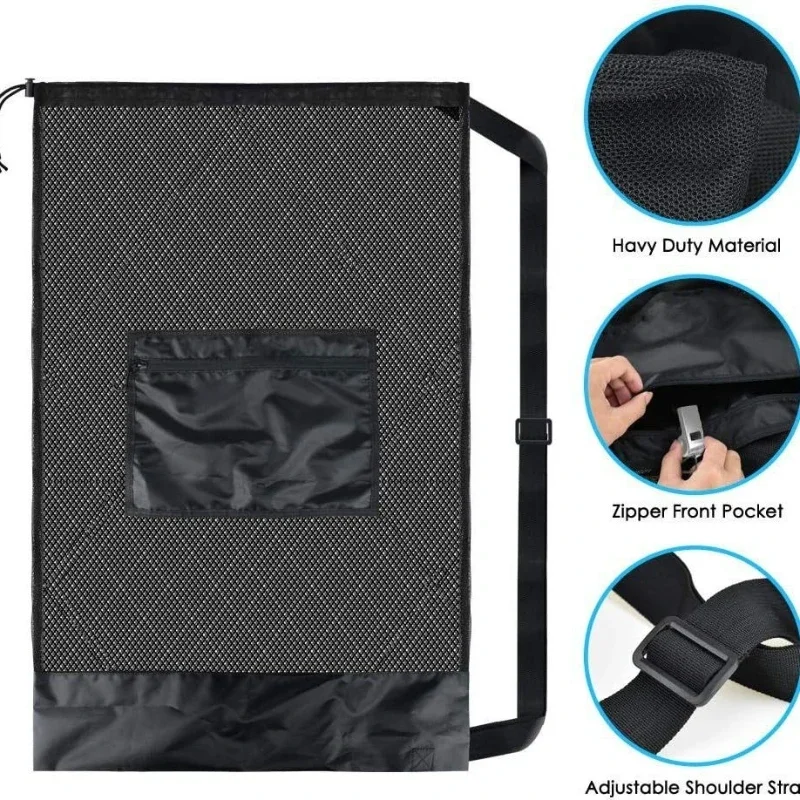 大型メッシュボールバッグ 巾着バッグ 収納用 サッカー バスケットボール バレーボール トレーニングバッグ ブラック スポーツバッグ ショルダーストラップ付き
