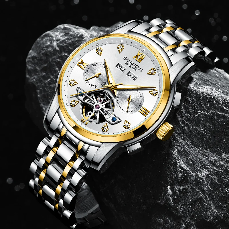 GUANQIN Роскошные мужские автоматические механические часы с многофункциональным циферблатом для бизнеса и отдыха 50 м водонепроницаемые светящиеся часы для мужчин
