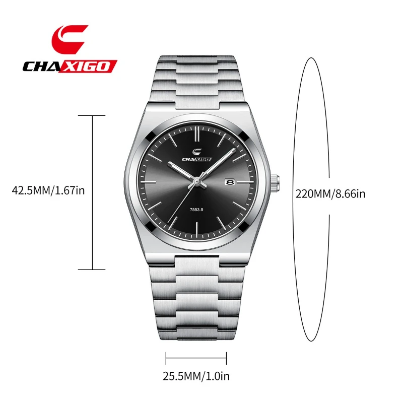 CHAXIGO 7553 الأعمال رقيقة جدا ساعة رجالي مقاوم للماء مضيئة ساعة كوارتز سبيكة حالة التقويم الصلب قطاع الساعات للرجل