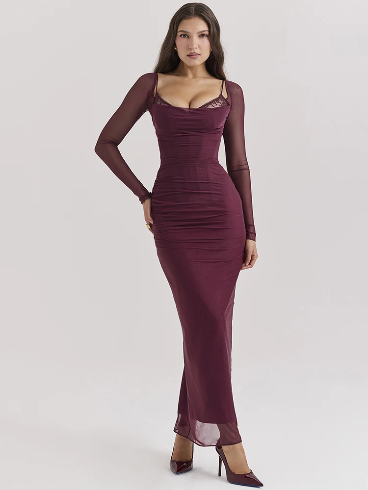 Mozision Elegancka sukienka z długim rękawem Sexy Maxi Dress For Women Fashion Mesh Strapless Backless Club Party Sexy Long Dress 2024