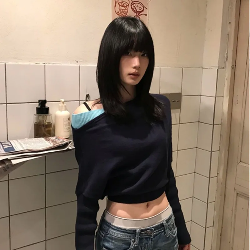 

Deeptown Patchwork Off Shoulder Women Cpopped Knitted T-shirts Sexy Vintage Batwing Sleeve Skew Collar Tees Slim Gyaru Aesthetic