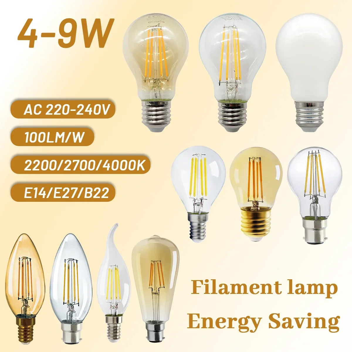 6PCS Led Filament Edison Bulb E27 B22 E14 G45 A60 G80 G95 4W 6W Vintage Led Lamp 2700K 4000K Warm White For String Light Bulb