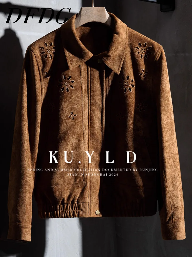 

DFDG Women's 2025 Autumn Winter Maillard Vintage Jacket Faux Suede Hollow Lapel Embroidered Loose Slimming Luxury Outwear Coat