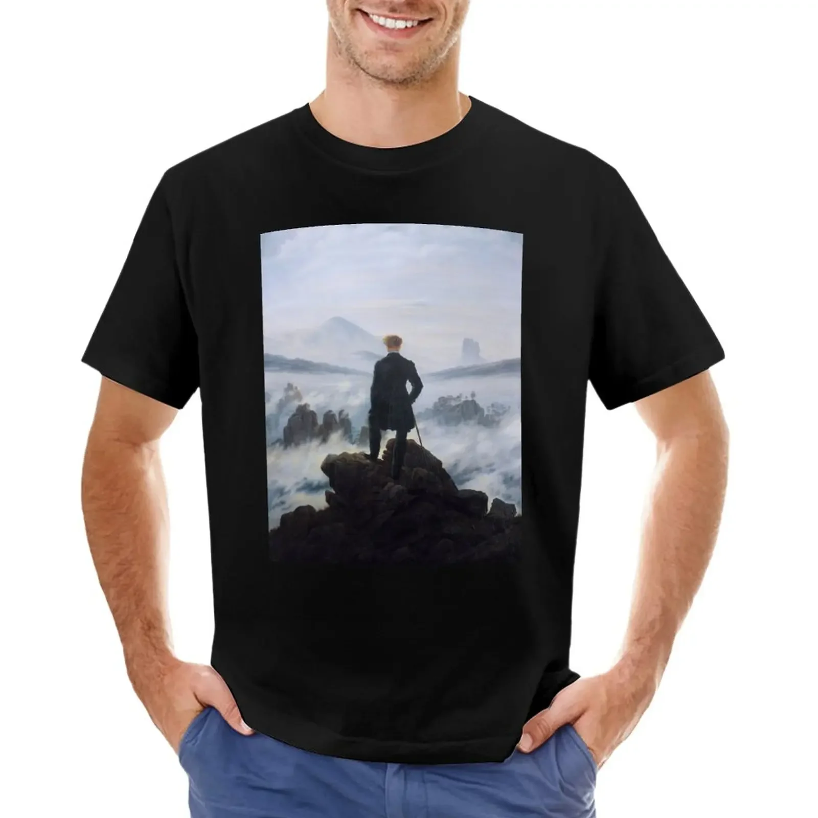 Boys Animal Print Plain T Shirts Men Wanderer Above The Sea of Fog - Caspar David Friedrich T-Shirt Harajuku Men Clothing Tops