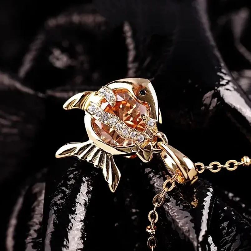 Gorgeous Exquisite Style Gold Color Orange Zircon Hollow Fish Pendant Necklace Women's High-end Social Banquet Necklace Gifts