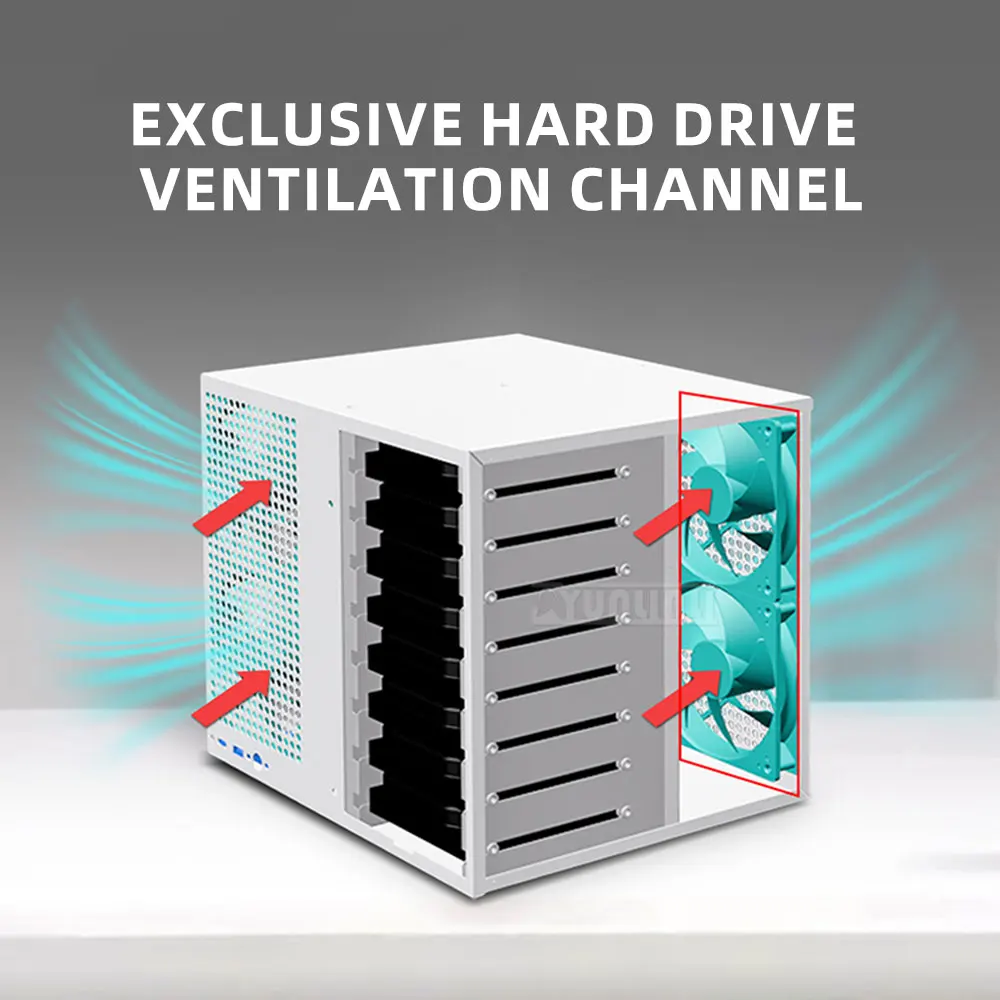 MATX motherboard, Sagittarius 8-bay NAS chassis, ATX power supply, full-height PCIe, storage server