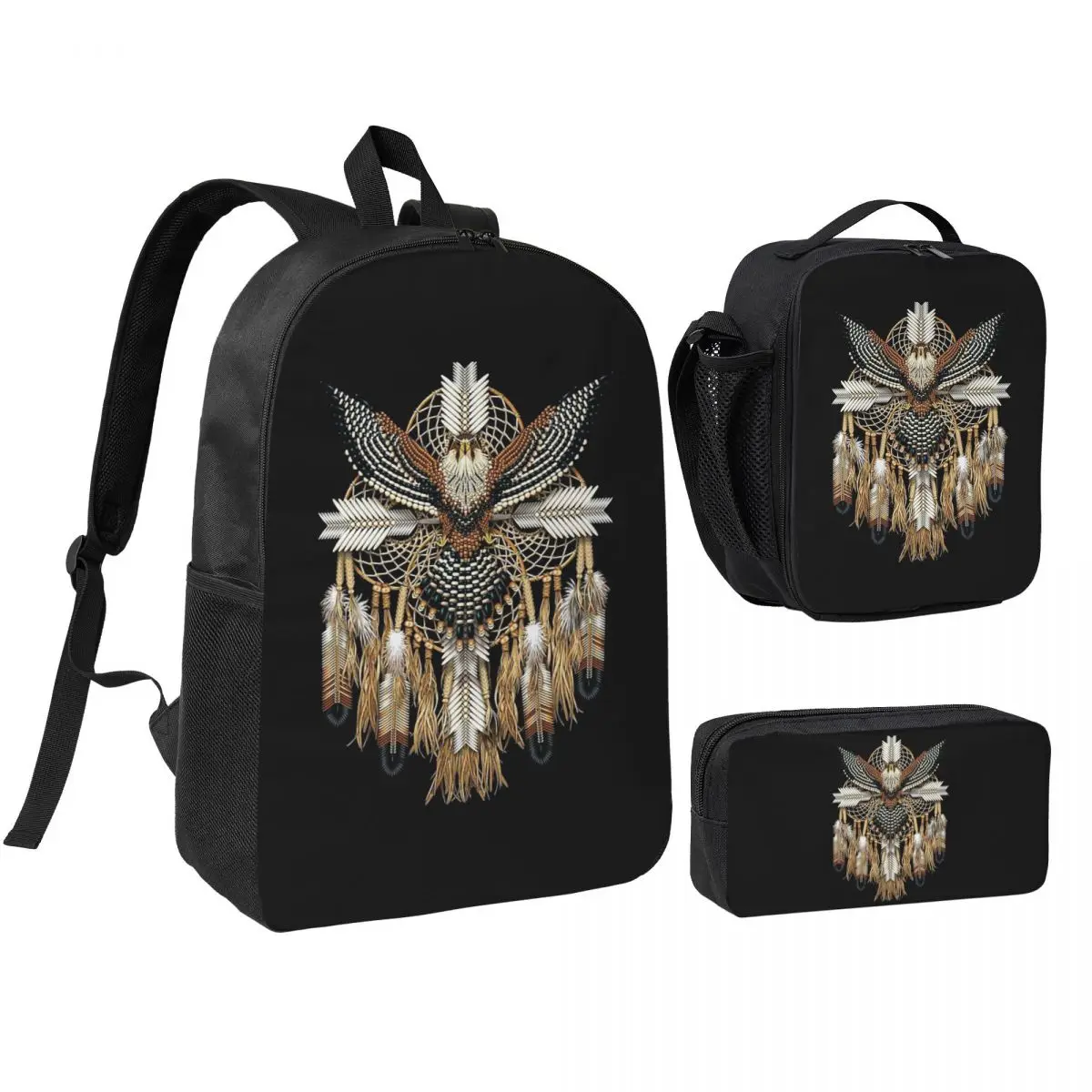 

Eagle Native American Art Backpack Boys Girls BookBag School Bag Shoulder Bags 3ps Insulated Lunch Bag Pencil Case