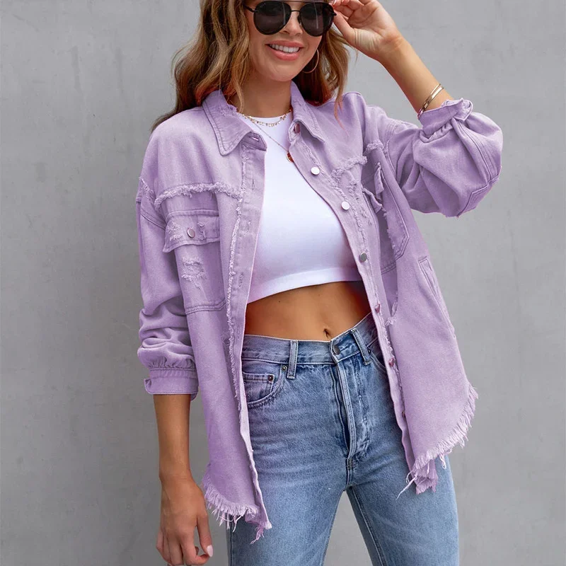 Fashion Broken Holes Solid Color Denim Jacket Ladies Comfortable Casual Loose Button Cardigan Coat Streetwear Women's Outerwear