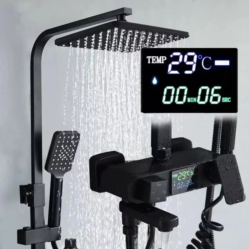 

Black Display Thermostatic Shower Faucet Set Rainfall Bathtub Tap With Bathroom Shelf Bathroom Shower Mixer Crane Bidet Faucet