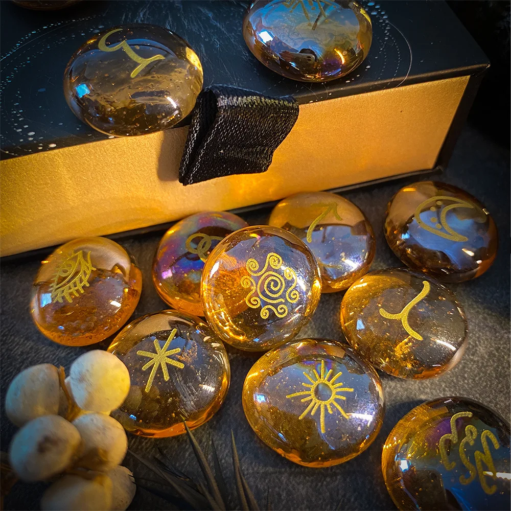 13 Pieces Witch Runes Set Glass Engraved Rune Stones Witchcraft Supplies, Wiccan Altar Decor, Spiritual Healing