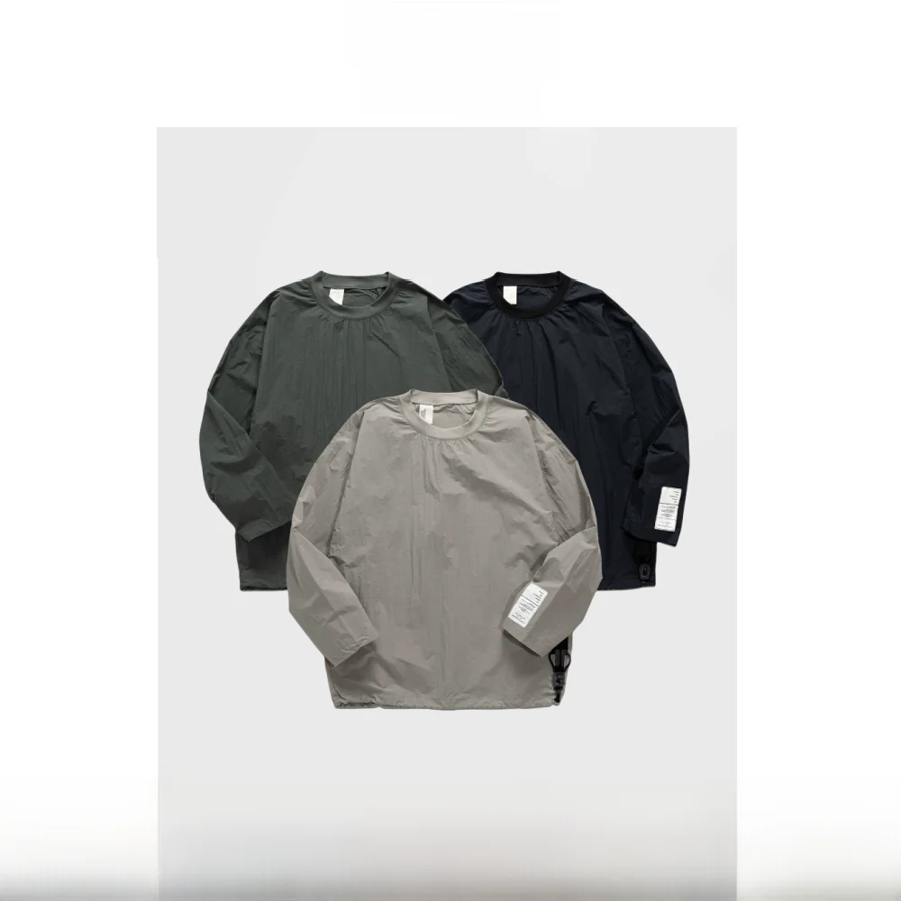 

Ultra-Light Retro Nylon Sweatirt Loose Fit Military Sle Long Sve round Ne Spring Autumn Men's plus Size Casual Top