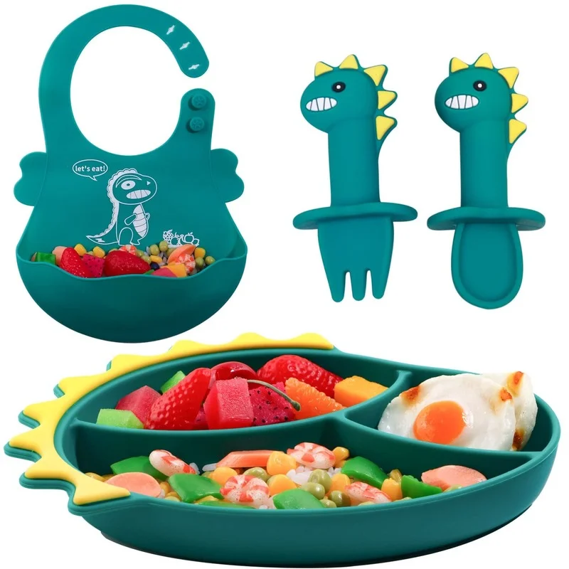 Baby Tableware Set Cartoon Dinosaur Suction Plate Spoon Fork Staw BPA Free Silicone Bibs Non-Slip Baby Feeding Bowl Kids Dishes