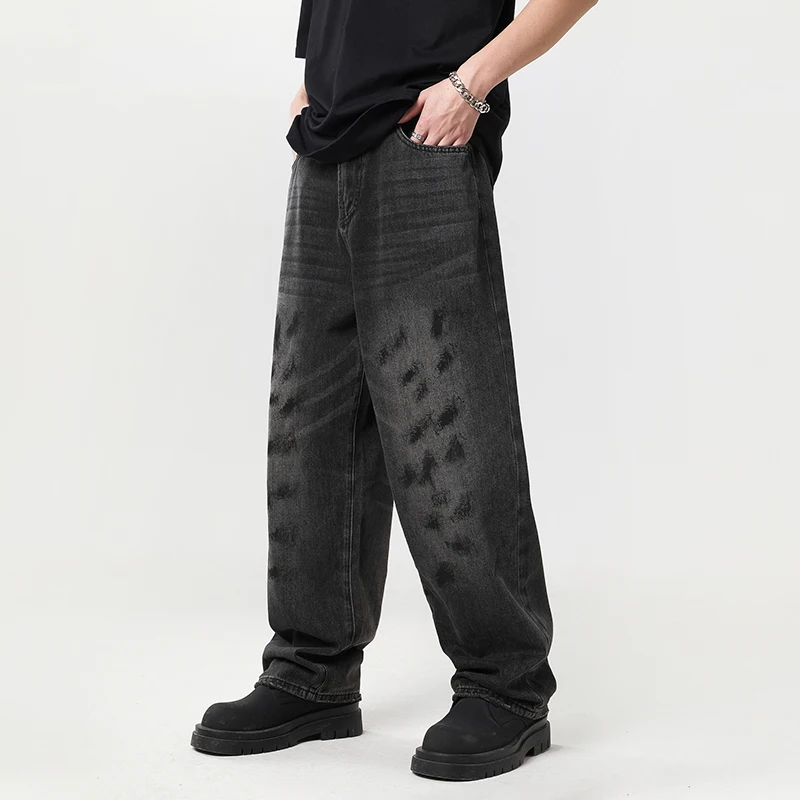 Black Gray Jeans Male Broken Hole Design Loose Trendy Retro Korean TypeinsStreet Fashion Wide-Leg Straight-Leg Trousers