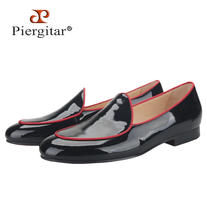 

Piergitar 2023 Black Patent Leather Men Loafers With Reds Trim Handmade Moccasin Shoes Slip-On Smoking Slipper Red Color Outsole