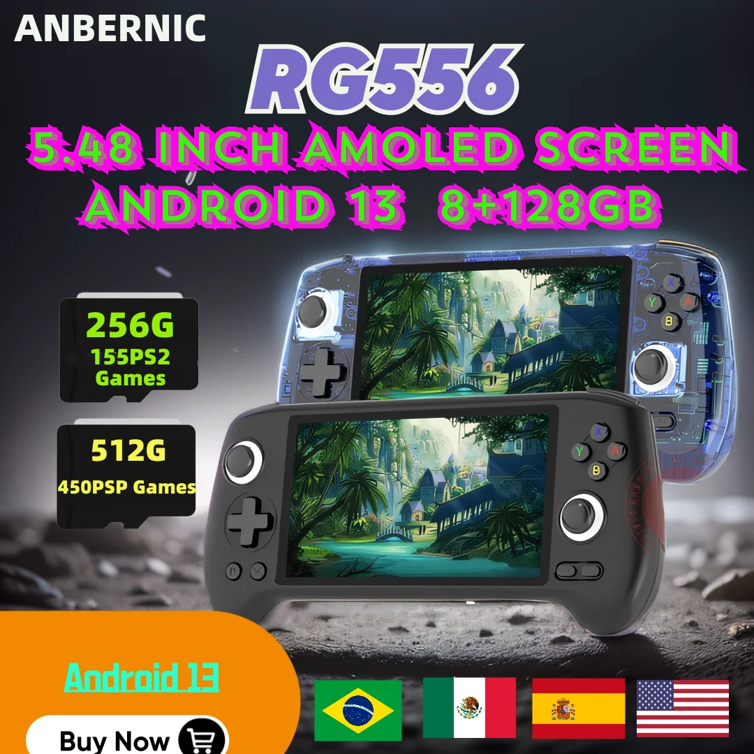 ANBERNIC RG556 Android 13 System 5.48 inch AMOLED Screen Retro Handheld Game Console Portable PS2 Video Player WIFI 512G PSP