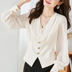 Women Clothing Fashion Casual V-Neck Chiffon Top Spring Summer Elegant Long Sleeve Blouse Office Lady Slim Chic Solid Shirt