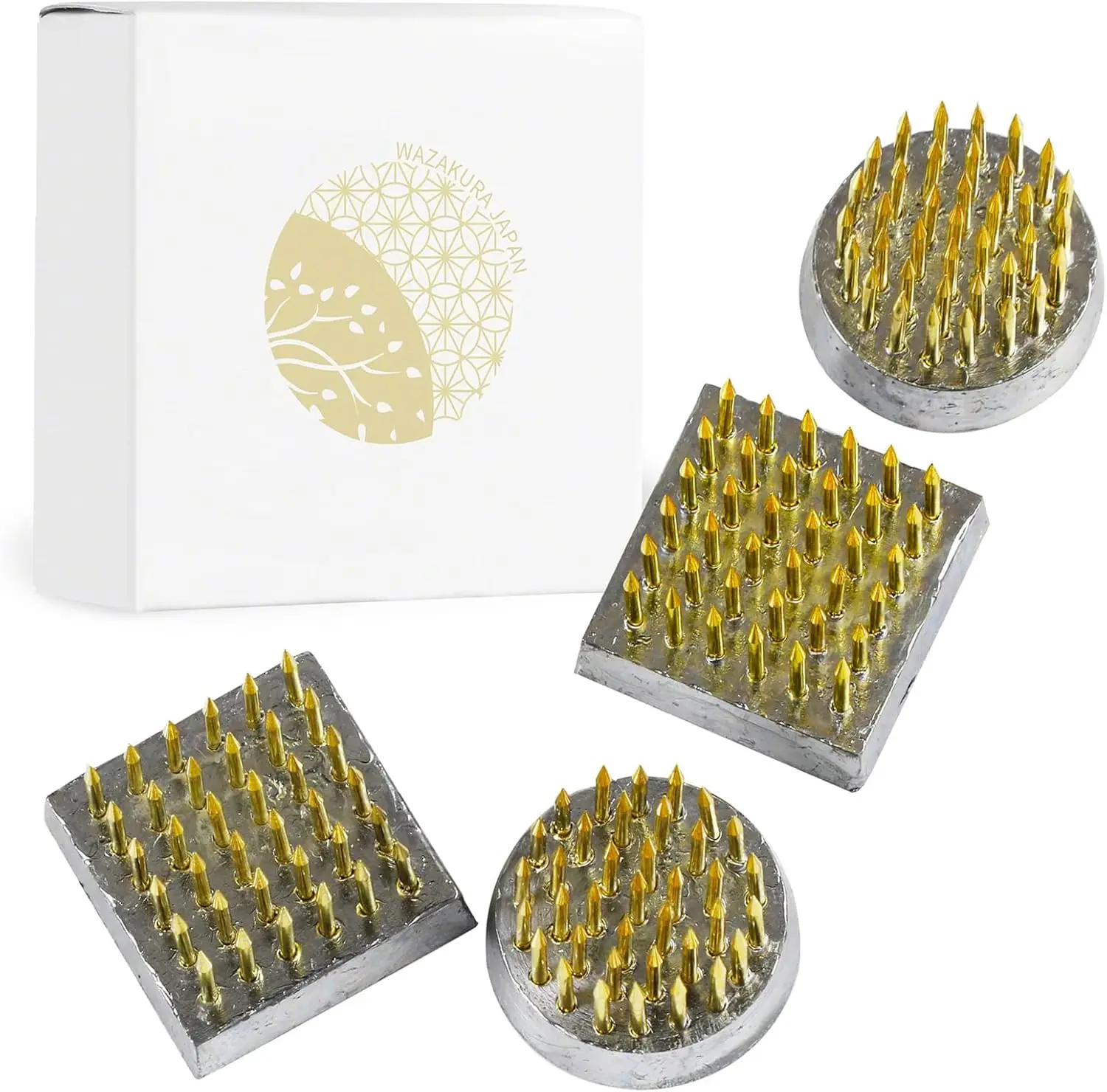 

4PCS Mini Japanese Flower Holder, Made in Japan, Floral Arranging Pin Frog, Round Square - 1" Brass