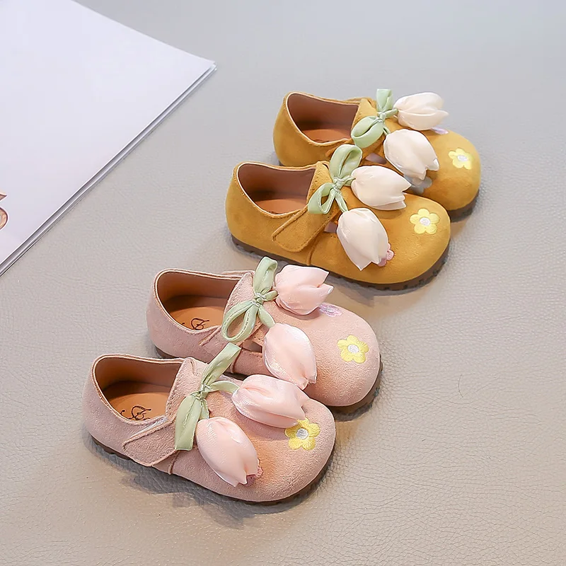 

1-12 Years Children Leather Shoes Embroidery Flower Soft Bottom Bow Girls Princess Flats Autumn Non-slip Kid Baby Single Shoes