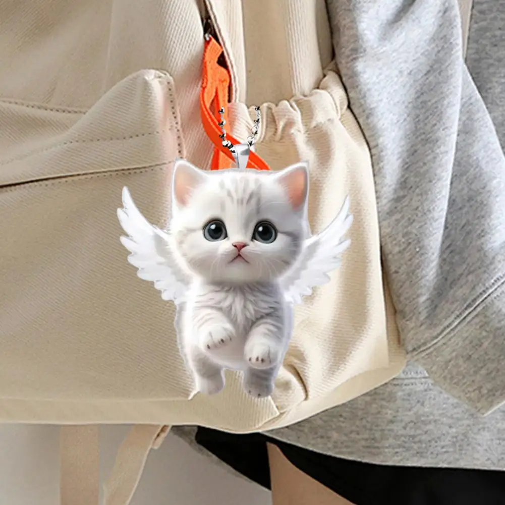 Angel Cat Pendant Rearview Mirror Ornament Car Decoration Cute White Kitten Pendant with Lanyard Whimsical Charm Car Accessories