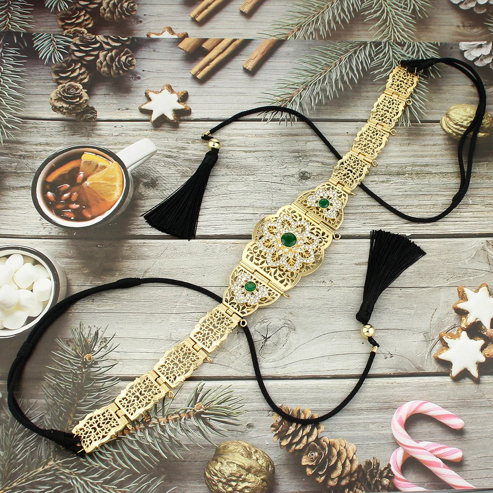 Sunspicems Morocco Bride Rope Belt for Women Gold Color Metal Flower Caftan Belt Arabic Robe Waist Chain Hand-knit Rope Bijoux