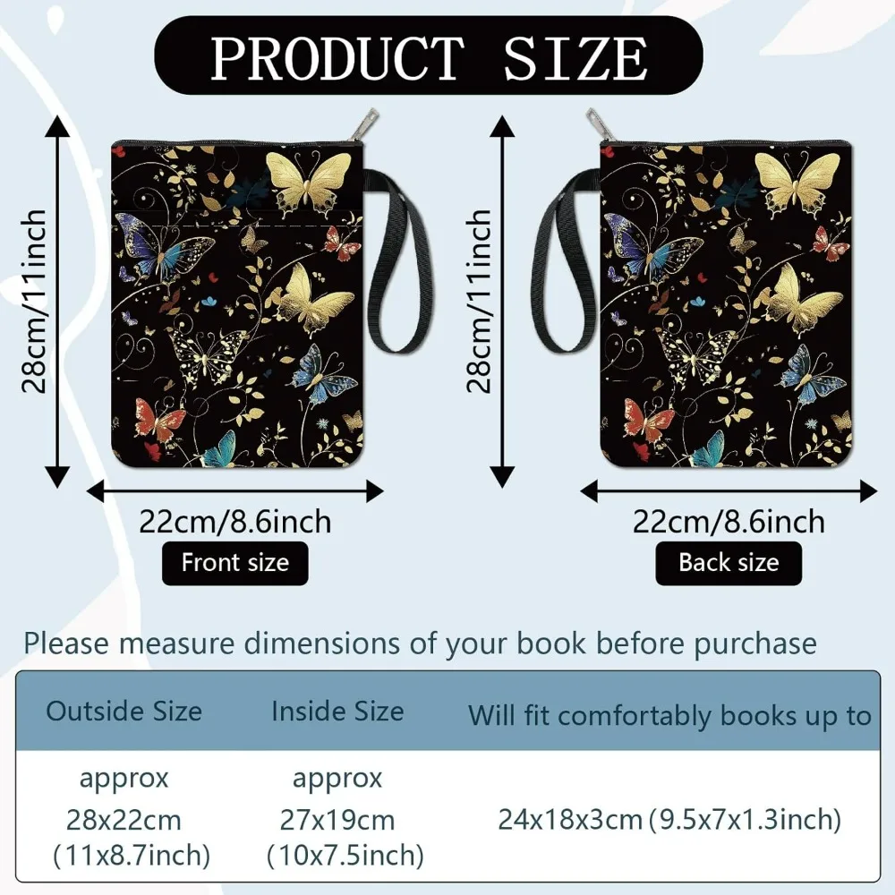 Butterfly Book Covers Black Book Protector Book Sleeve for Paperbacks Washable Fabric Cloth Book Cover with Zipper and Extra