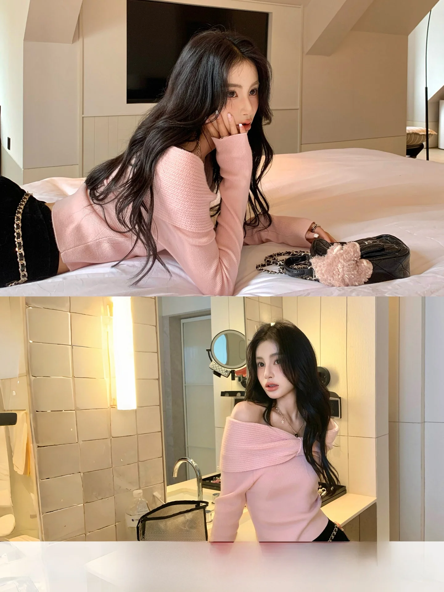 

Розовый свитер на одно плечо с узлом, женский, весенний, облегающий, вязаный топ, повседневный, приталенный, длинный рукав