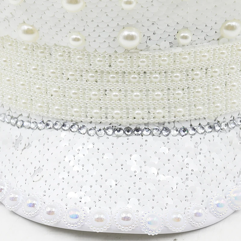 Women white Sequin Burning Bride Military Hat Luxury Bridal Captain Sergeant Hat Rhinestone Festival Birthday Part Girl Hat Wome