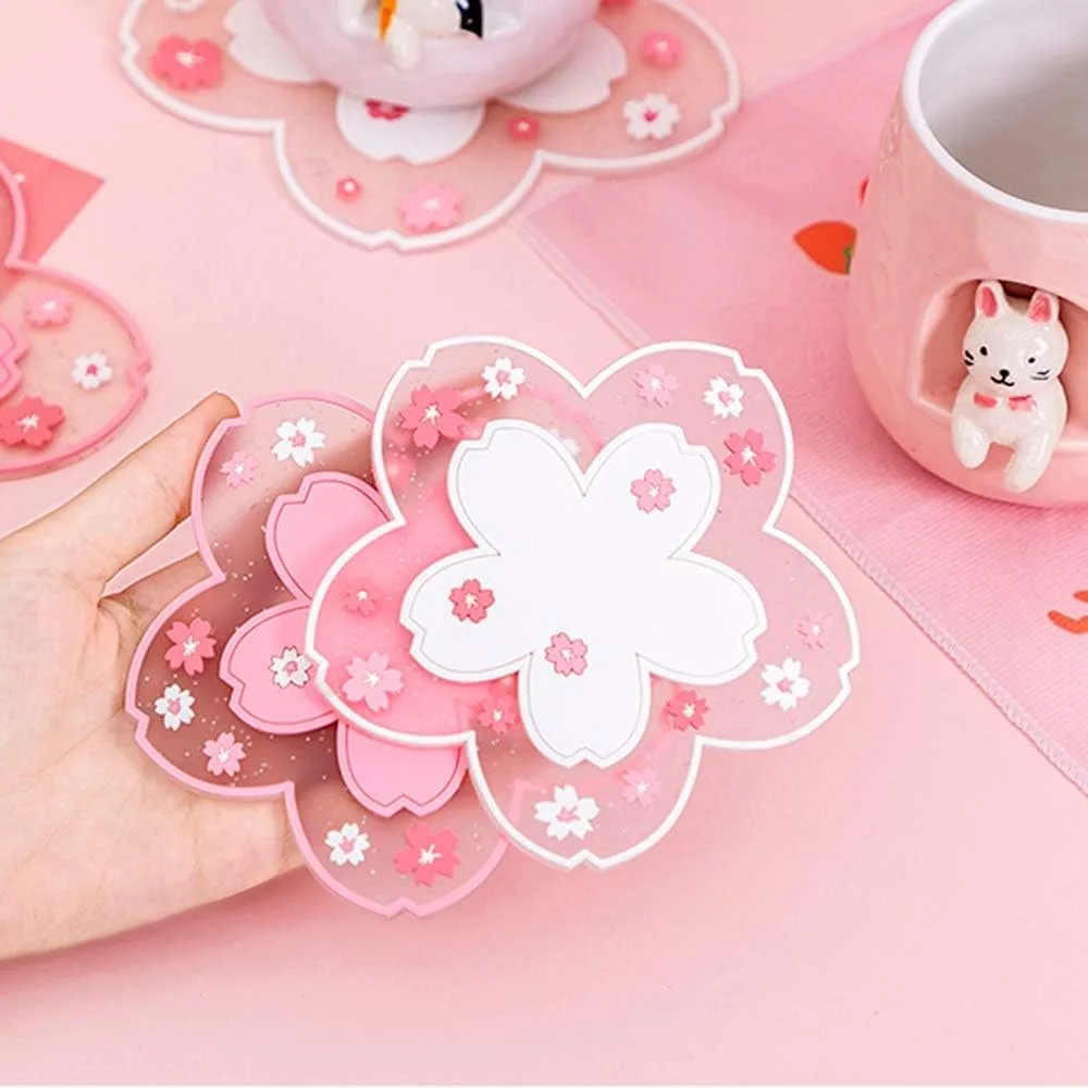 Cute Sakura Cherry Blossom Pattern PVC Coaster Set of 2 Pink Flower Tea Cup Mat Anti-Slip Drink Mug Pad for Desk Table Home Decor Kawaii Accessories Small Placemat - view 5
