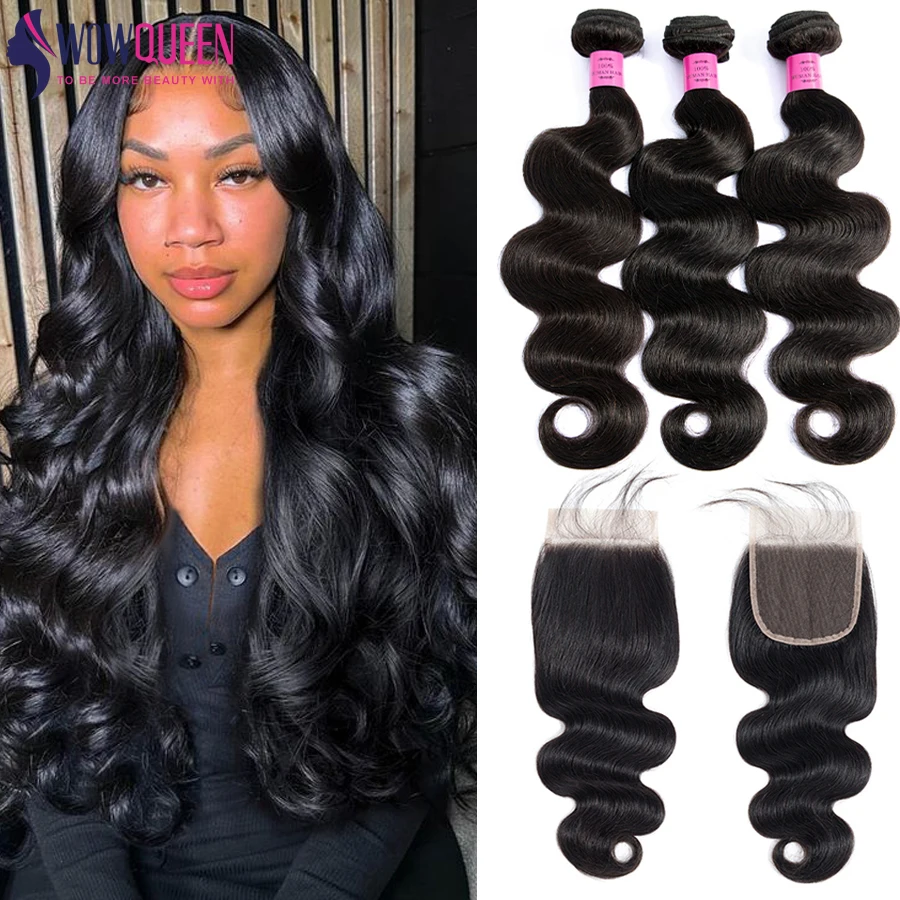 

Наборы волос Body Wave с закрытием 4x4, бразильские натуральные волосы для наращивания, 3/4 пучка с закрытием