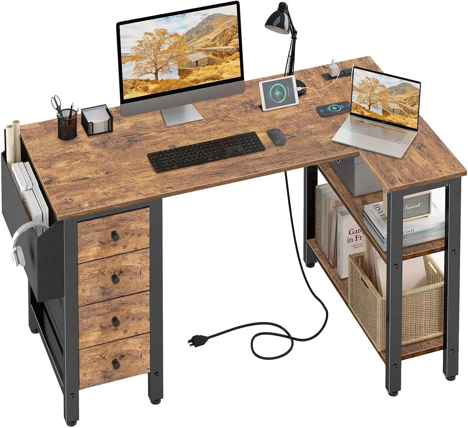 

Reversible L-Shaped Desk with Power Outlet, Storage Shelves & Fabric Drawers for Home Office or Gaming, Rustic Brown