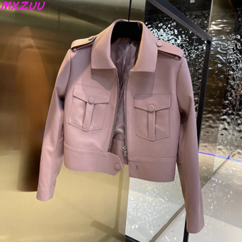 Autumn Clothing Female Short Pink/White/Yellow Locomotive Leather Jackets Women Genuine Sheepskin Lapel Pockets Slim Chaquetas