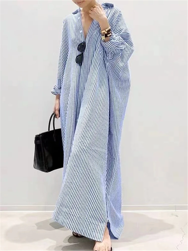 REALEFT 2023 New Striped Women's Long Shirts Dresses Autumn Long Sleeve Single Breasted Casual Loose Straight Dresses Female