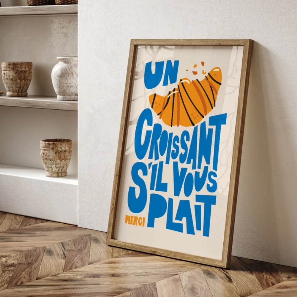 طباعة Un Croissant، ملصق الإفطار، لوحة فنية جدار المطبخ، Craissants S'il Vaz Plait، طباعة الطبخ العصرية، ملابس المنزل، ديكور الحائط