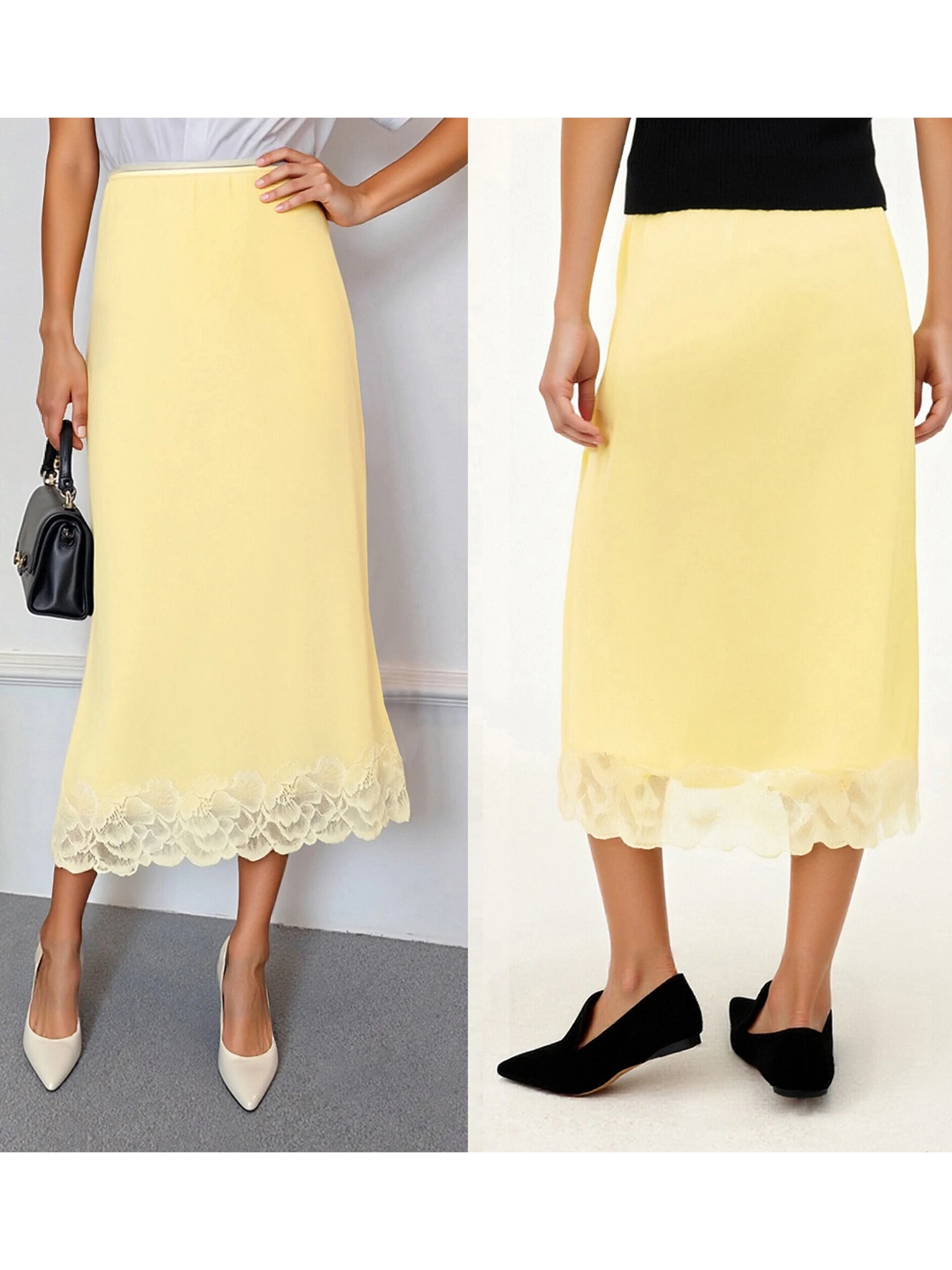 Schicker, knielanger Damenrock aus Satin mit Spitzendetails. Modischer, einfarbiger Rock für einen mittelhohen Stil
