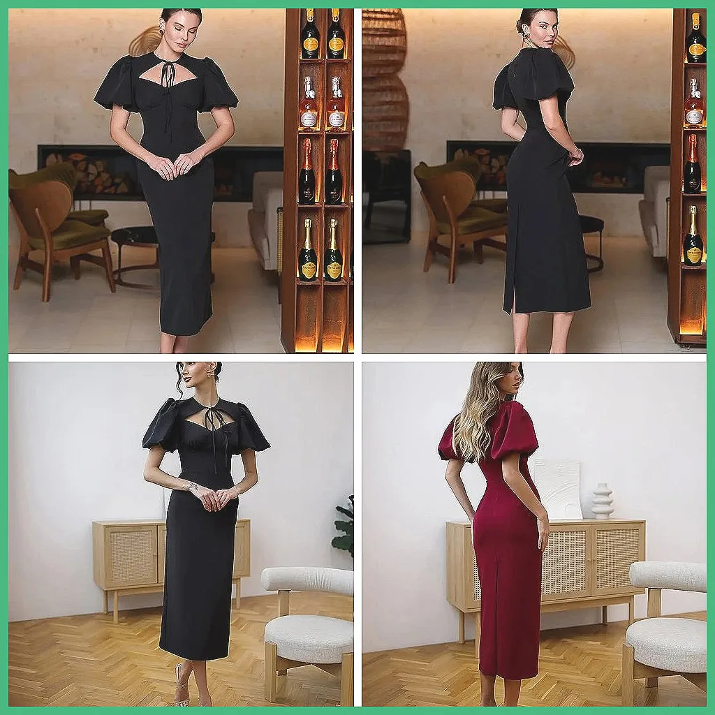 

Elegant Lake-Up Puff Sleeve Midi Dress for Women, Chic Party Dress with Waist Cinching & Slit (Characters: 78)