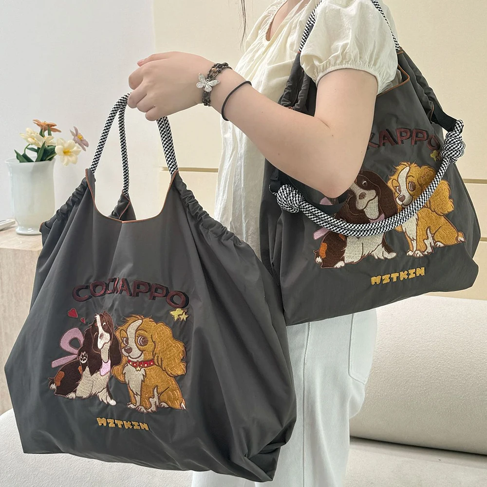 Cute Dog Embroidery Tote Bag Large Capacity Women Shoulder Bag Rope Handle Designer Handbags 2024 Nylon Shopper Purses Eco Bags