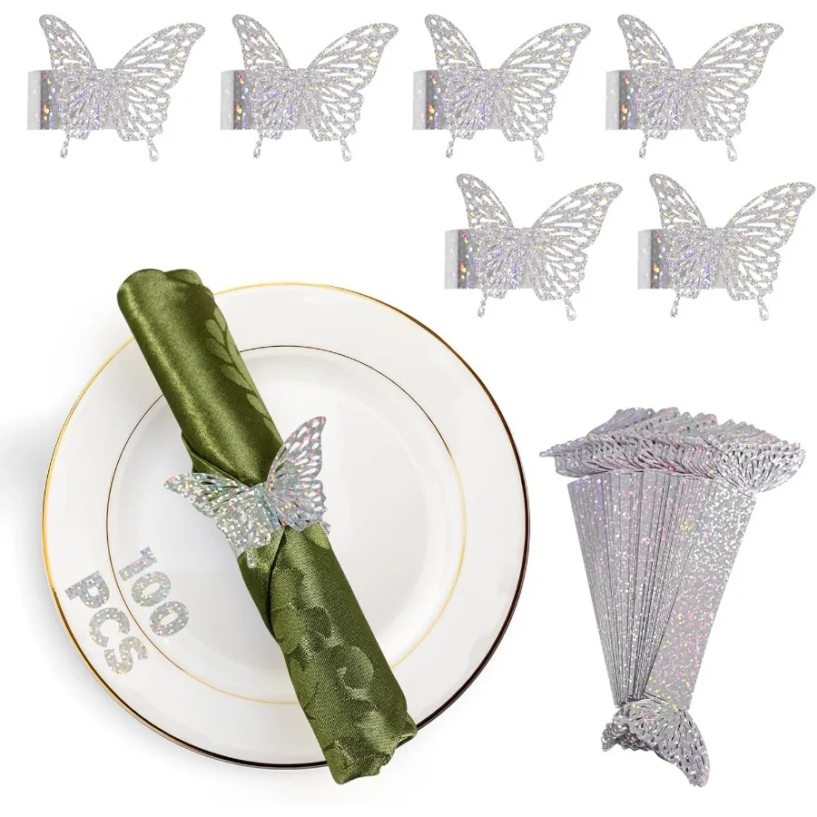 

100 шт. 3D серебряные переливающиеся кольца для салфеток с бабочками, серебряные изделия, обертывания, ленты, набор столов, расшитые блестками, свадьба, день Святого Валентина, событие, пар