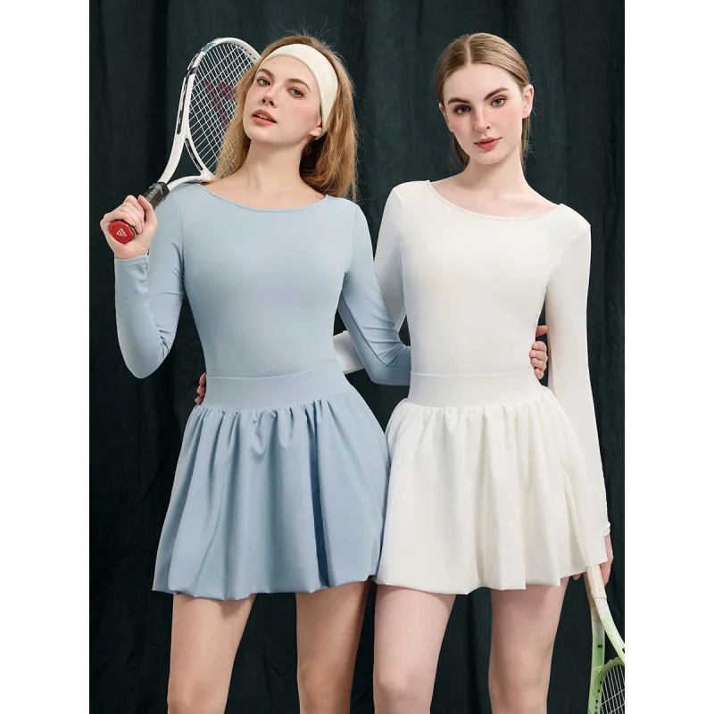 

Женский комбинезон для йоги SharpStar с длинным рукавом и юбкой для тенниса, комплект из 2 предметов: одежда для балета и танцев, быстросохнущее платье для бадминтона