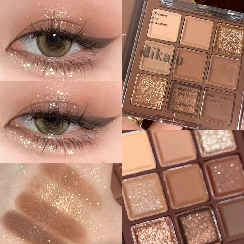 Paleta de sombras Glitter, 9 cores, perolado, cor terra fosca, acrílico, impermeável, cosméticos de maquiagem coreanos