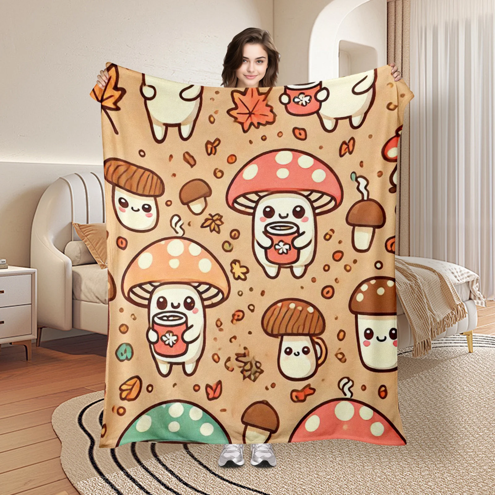 Mushroom Person With Leaf And Cup In Light Brown Blanket For A Cozy And Earthy Home Decor Accent Piece Design