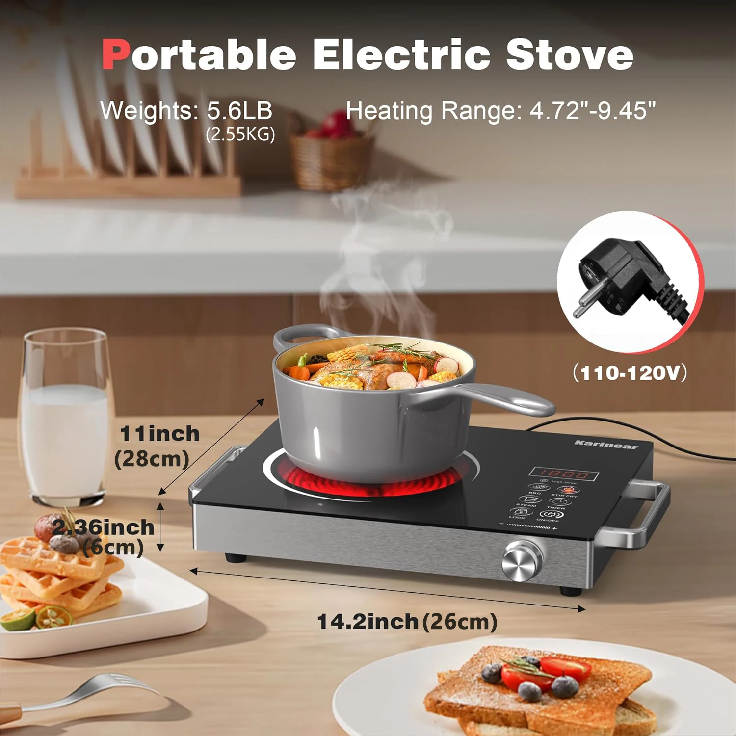 Karinear Placa vitroceramica con enchufe 1 fuego, placa vitrocerámica portátil, Mando giratorio, placa vitrocerámica para todas las sartenes