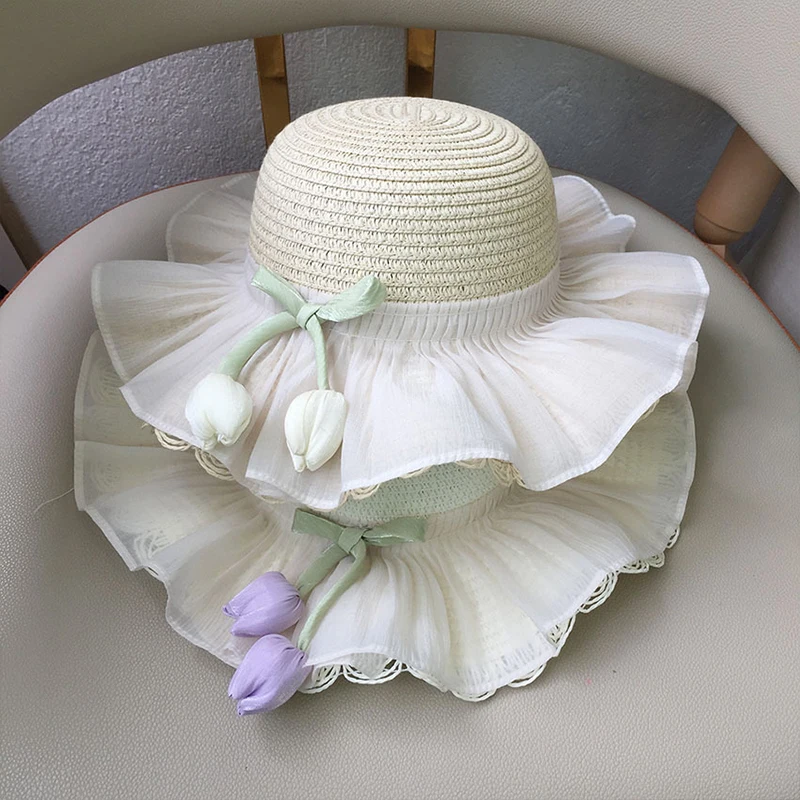 

Stylish Girls Tulip Large Brim Straw - Sunhat Summer Beach Fishing Hat with Protection for Kids Includes Carry Bag Lolita Style