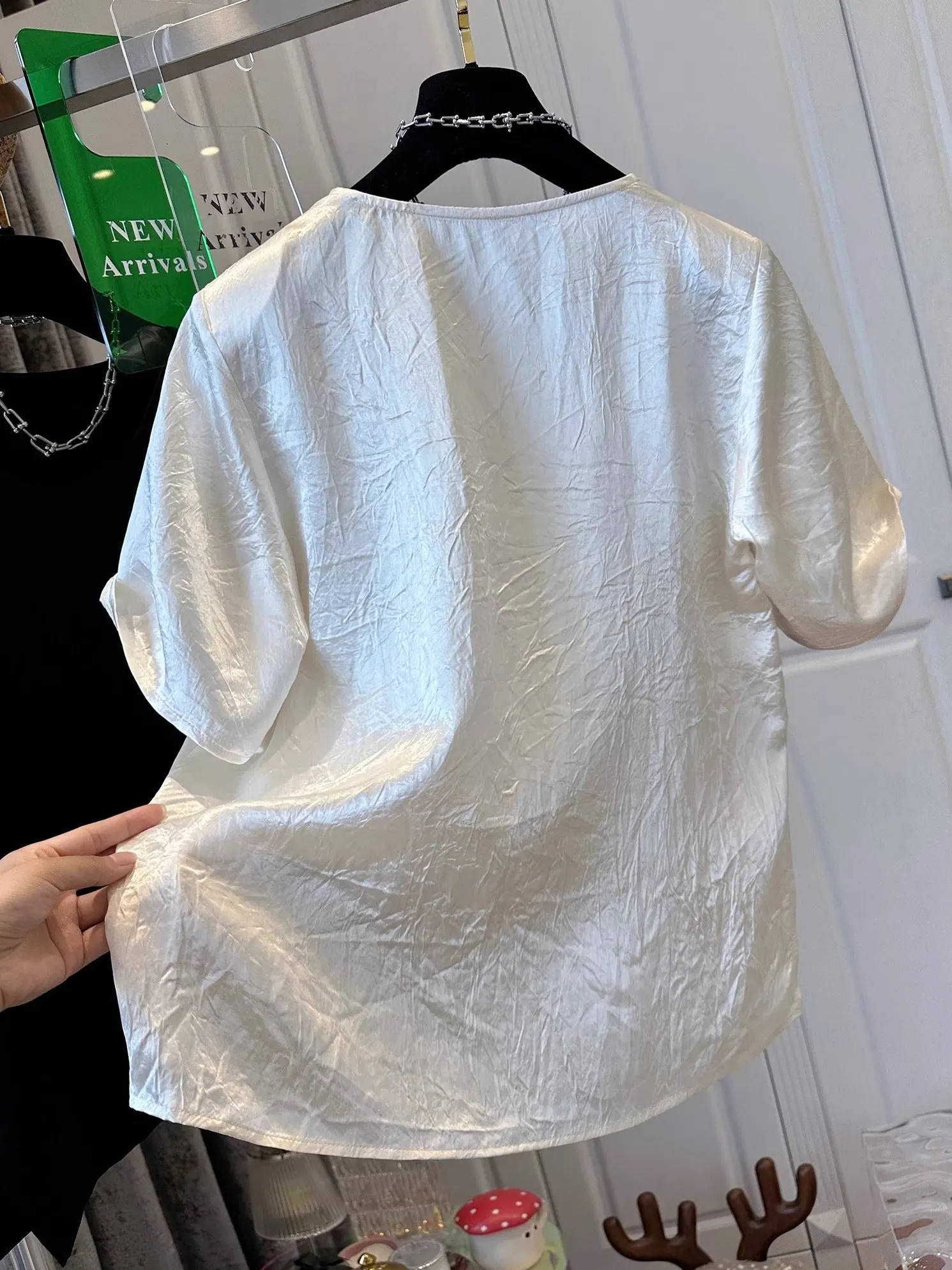 특대형 300포 아세테이트 새틴 질감 접이식 여성 여름 신상 루즈핏 탑 쉬폰 블라우스