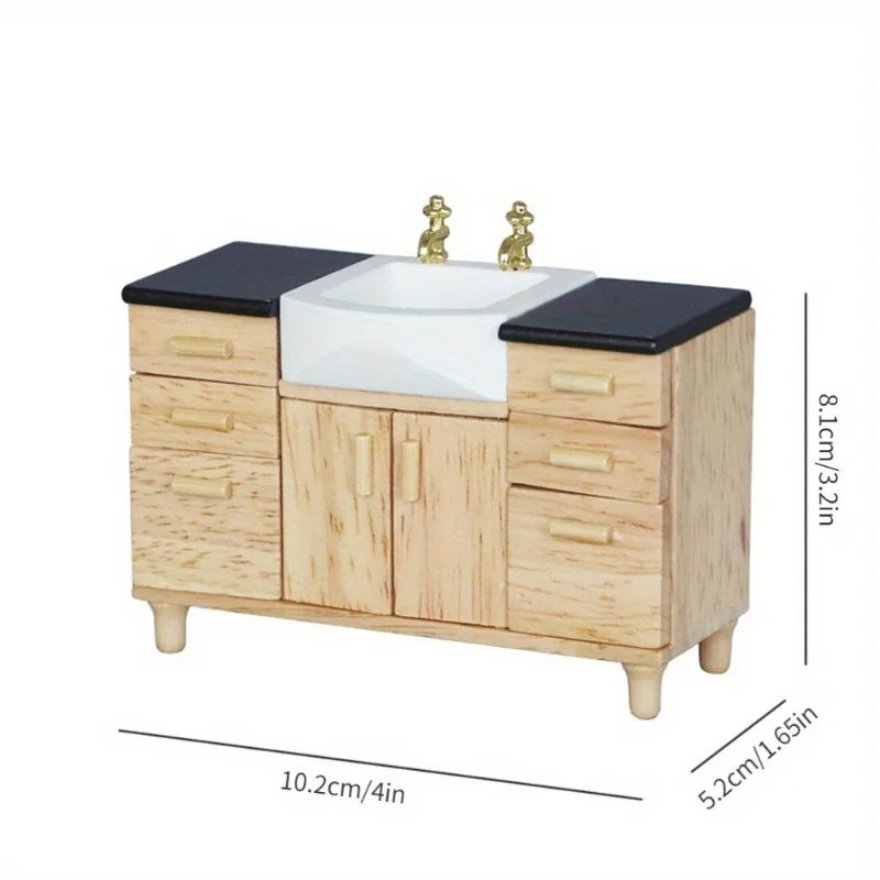 1/12 Wooden Wash Basin Cabinet with Ceramic Hand Sink Miniature Furniture Toys for Dollhouse Bathroom Kitchen Decoration