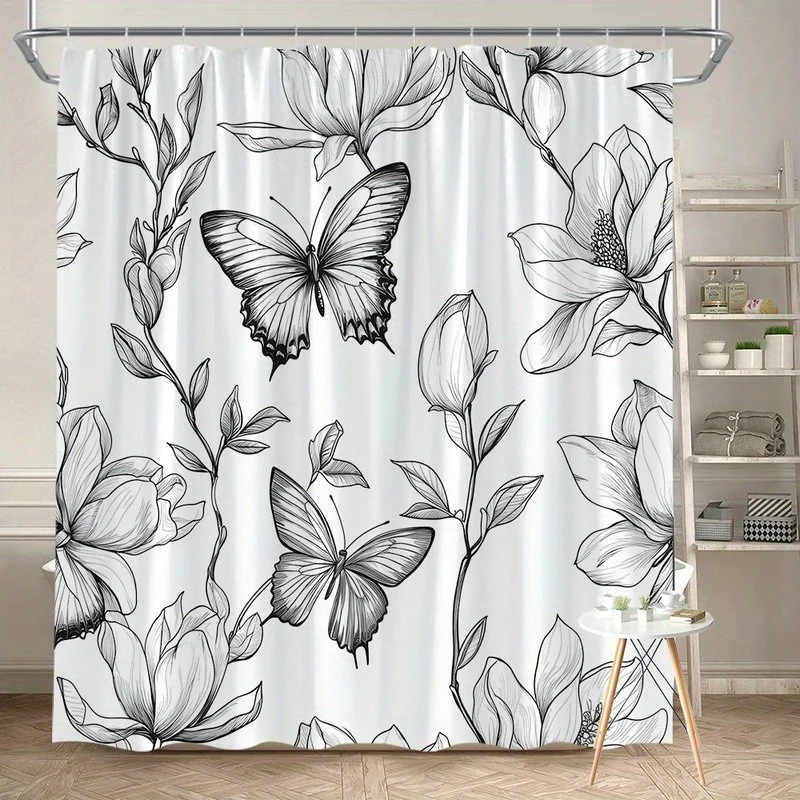 

1 шт. черно-белая занавеска для душа с растительным узором, полиэфирная ткань, можно стирать в машине, подходит для украшения ванной комнаты