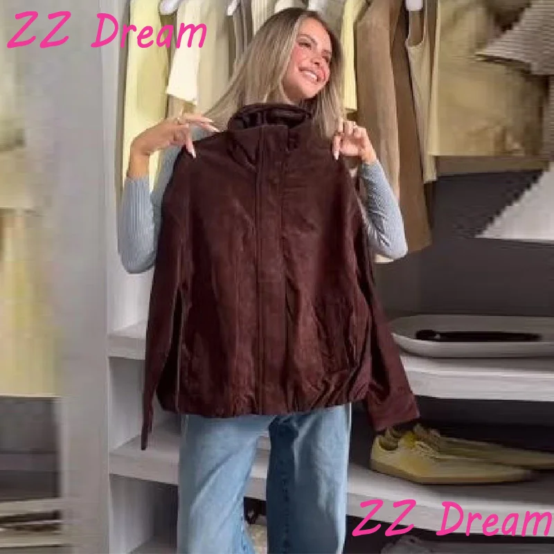 

Повседневная коричневая замшевая куртка на молнии, женская свободная верхняя одежда с воротником-стойкой и карманами, с длинными рукавами, женская осенняя уличная одежда 202, новинка
