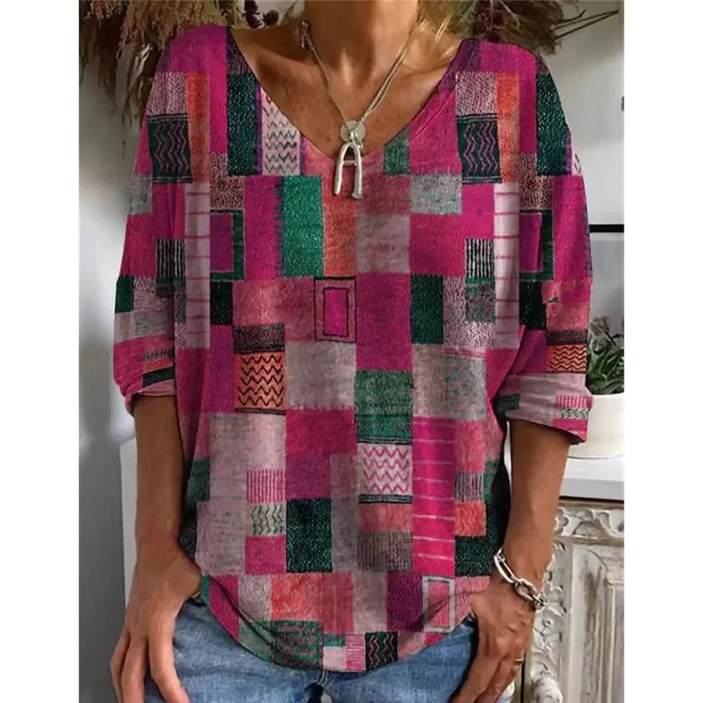 

Women Casual Tops Fashion Long Sleeve Pullover Top Party Looks Top Female Streetwear Fashion Retro Grid Square Printed T-shirt